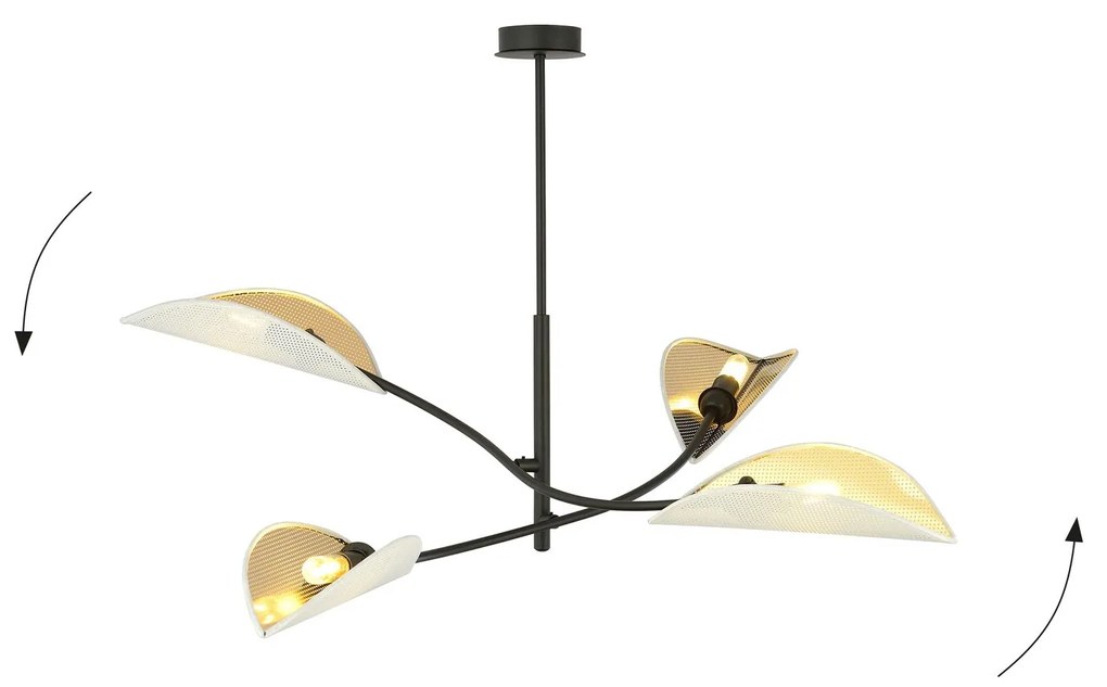 Sospensione Nordica 4 Luci Lotus In Acciaio Nero Bianco E Oro Bracci Regolabili