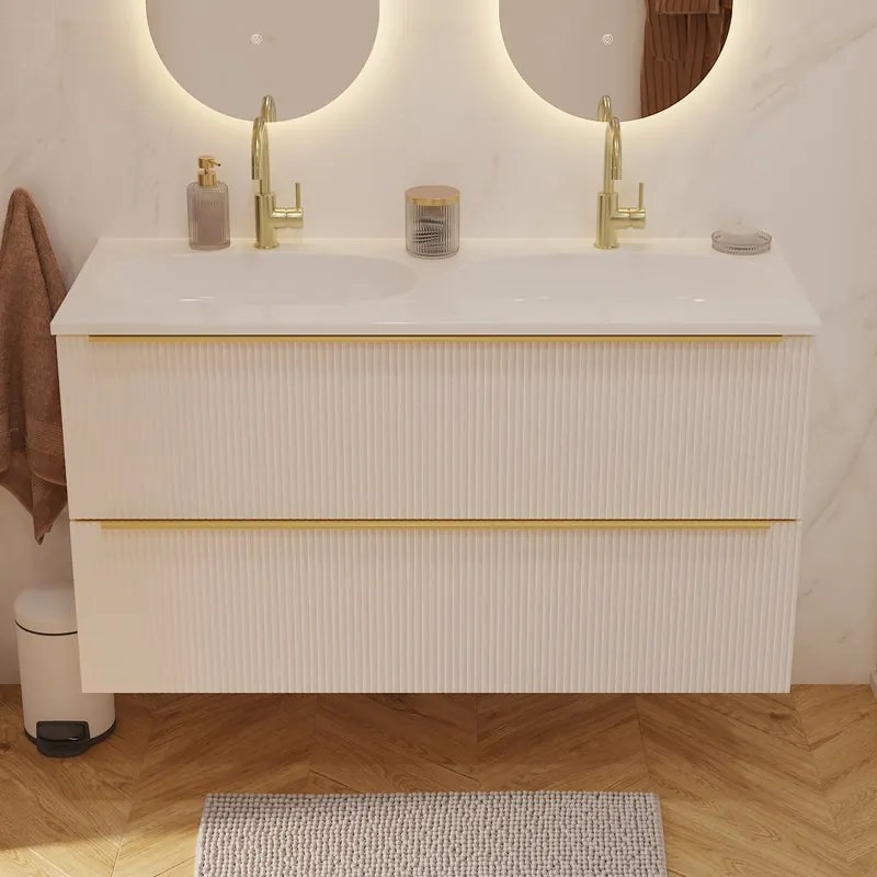 Mobile bagno sospeso Neo Groove L 121 x H 68 x P 49 cm, 2 cassetti con maniglia champagne, lavabo in resina con vasca centrale Icone incluso, lino cannettato