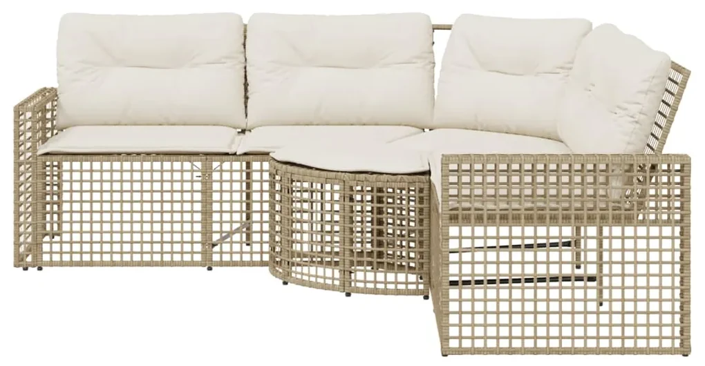 Divano da giardino a l con cuscini e pouf beige in polyrattan