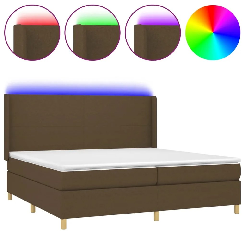 Letto a Molle Materasso e LED MarroneScuro 200x200cm in Tessuto