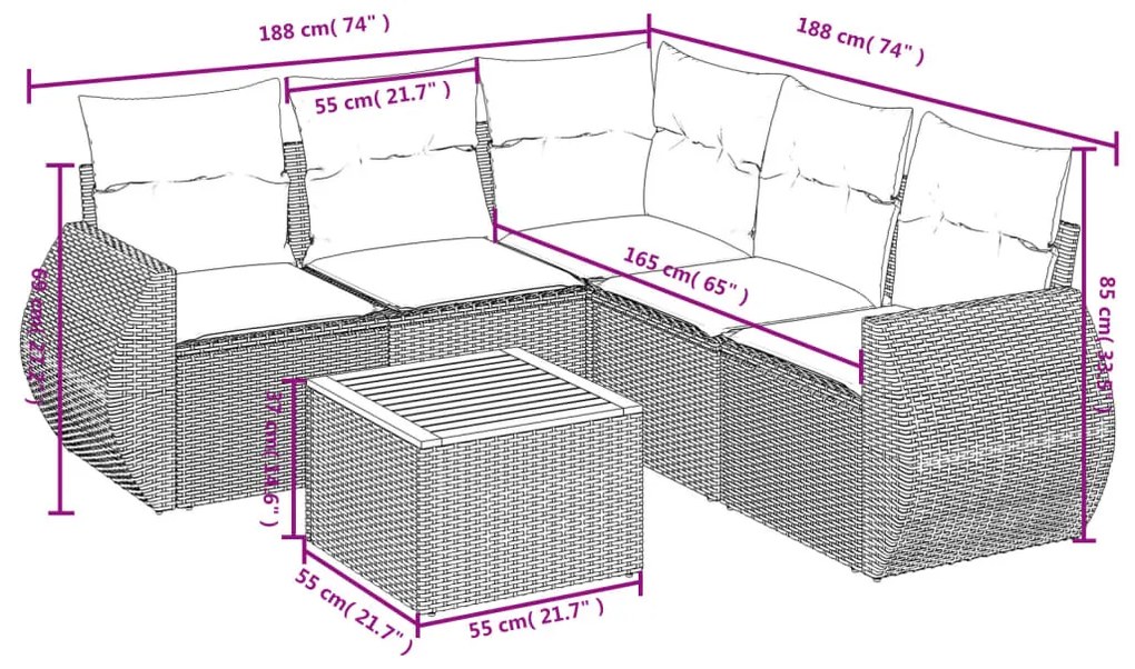 Set divano da giardino 6 pz con cuscini beige in polyrattan