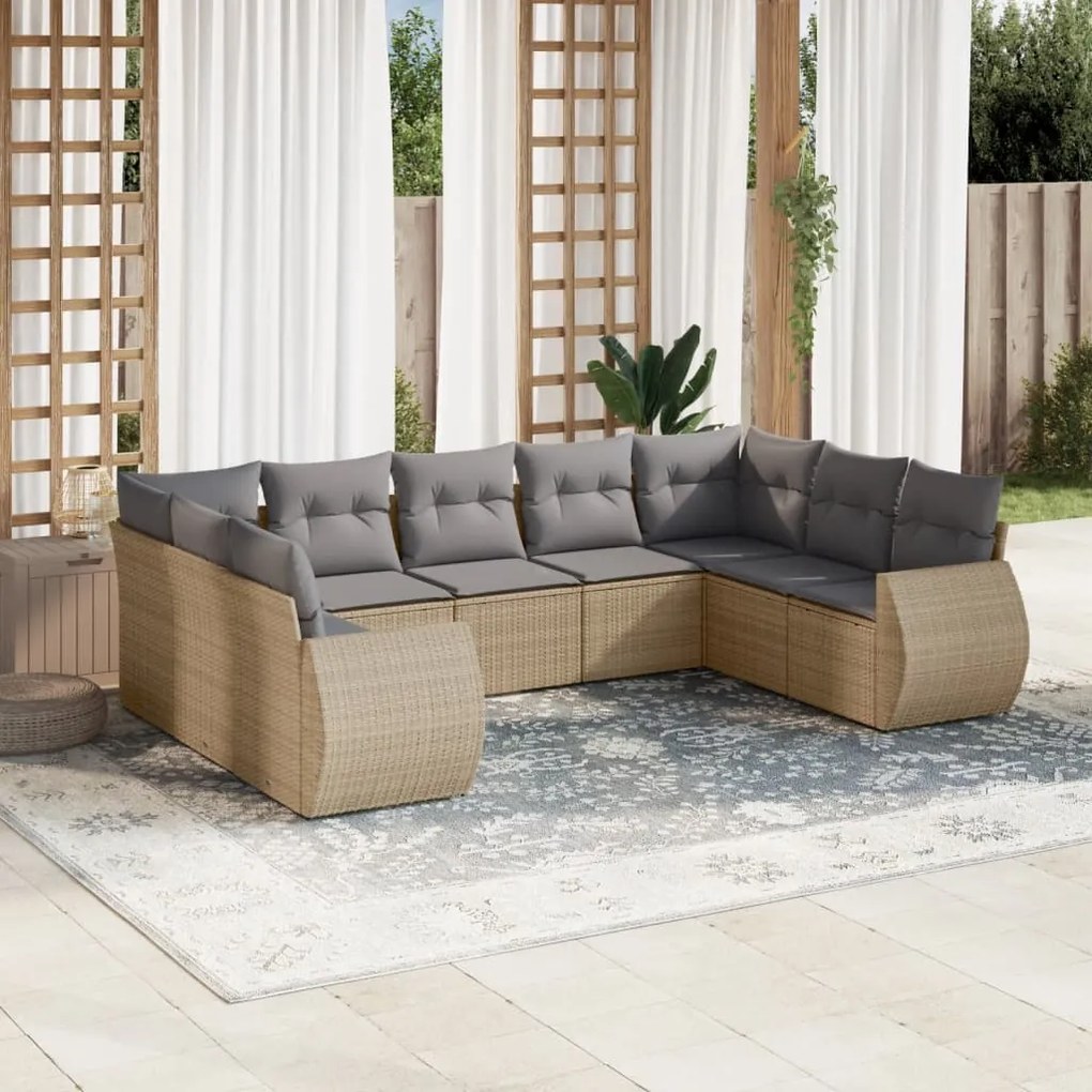 Set divano da giardino 9 pz con cuscini beige in polyrattan