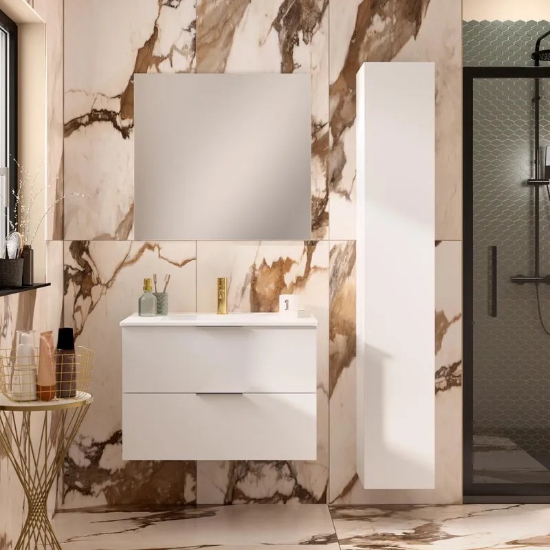 Mobile bagno sospeso con lavabo L 80 x H 55 x P 45 cm bianco lucido 2 cassetti per vasca centrale Jnka