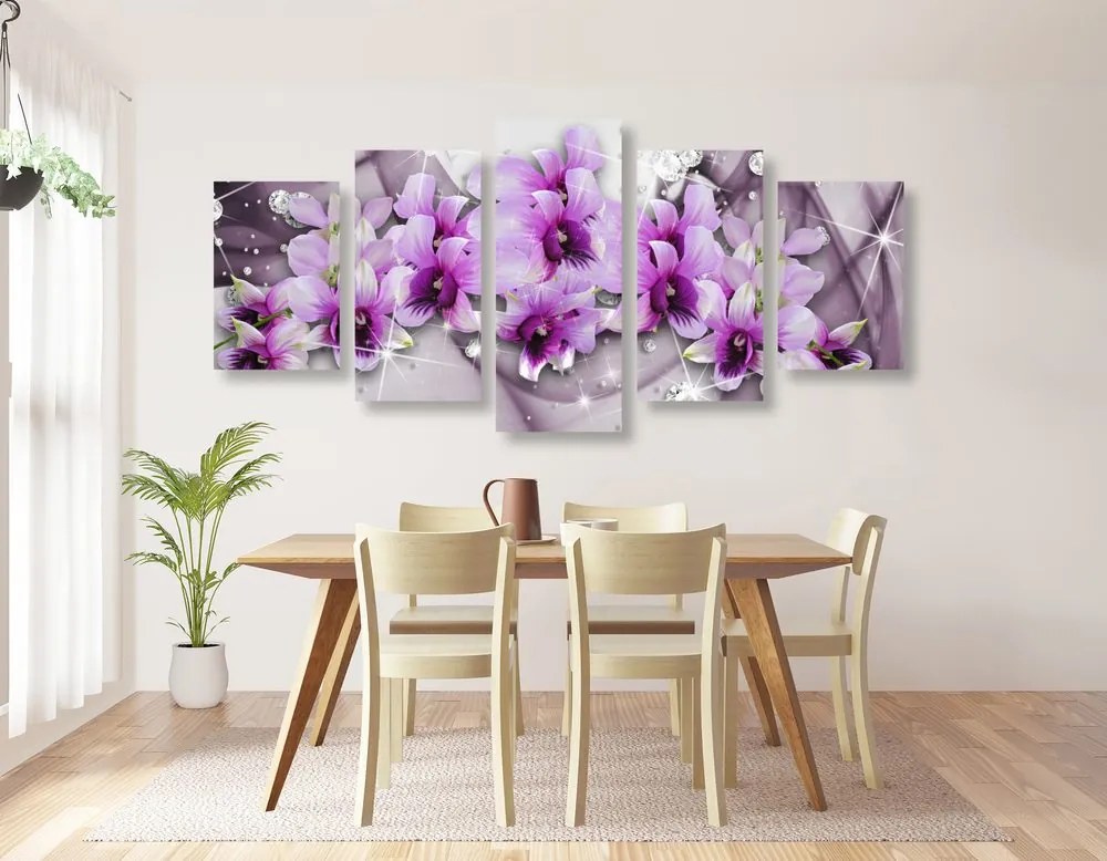 Quadri 5 pezzi – Fiori viola su sfondo astratto