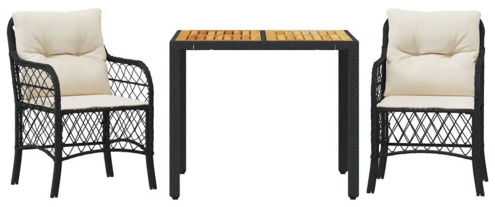 Set da bistrò 3 pz con cuscini nero in polyrattan