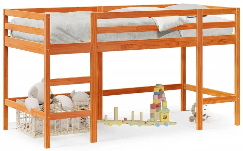 Letto Soppalco Con Scala Bambini Marrone 90x190cm Massello Pino /