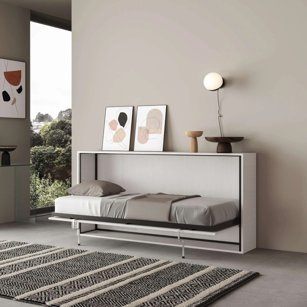 Letto a scomparsa singolo orizzontale Kando con materasso, Bianco Frassino / Non incluso