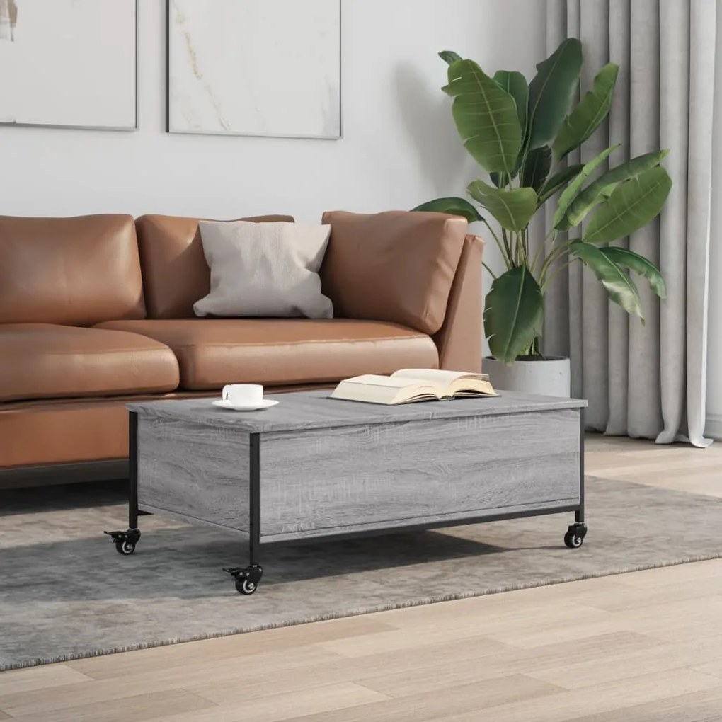 Tavolino con ruote grigio sonoma 91x55x34 cm legno multistrato