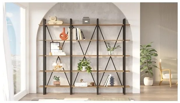 Libreria A Parete Stile Industrial 220x34x180 Cm 5 Ripiani Milano Rovere