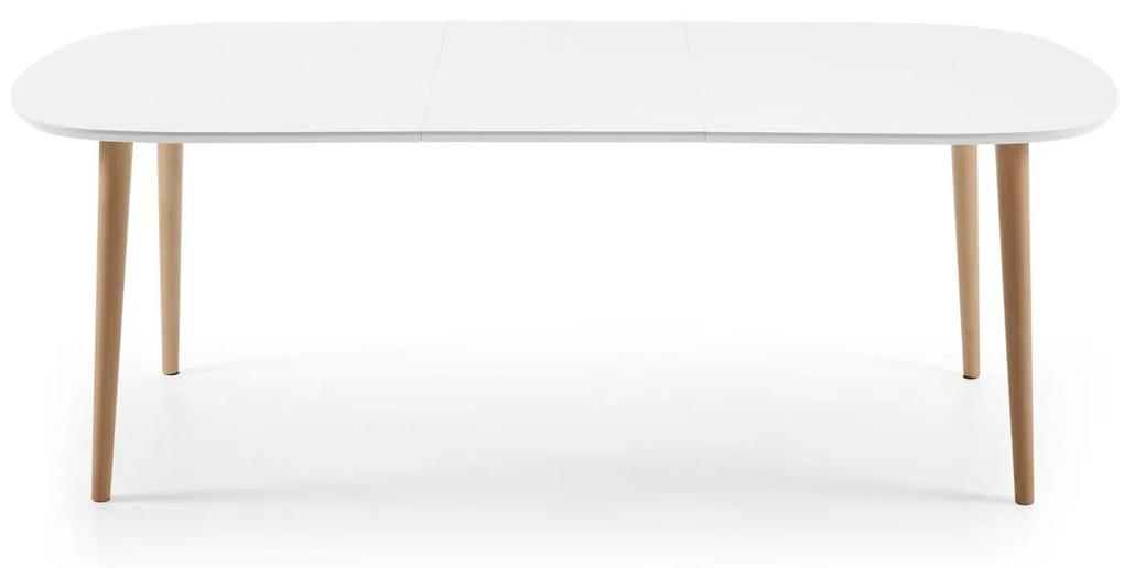 Kave Home - Tavolo allungabile Oqui MDF laccato bianco, gambe in massello di faggio 160(260)x 100cm
