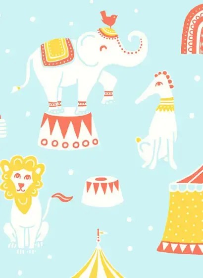 Majvillan Carta da parati Circus - Light Blue/ Red/ Yellow/ Cream White