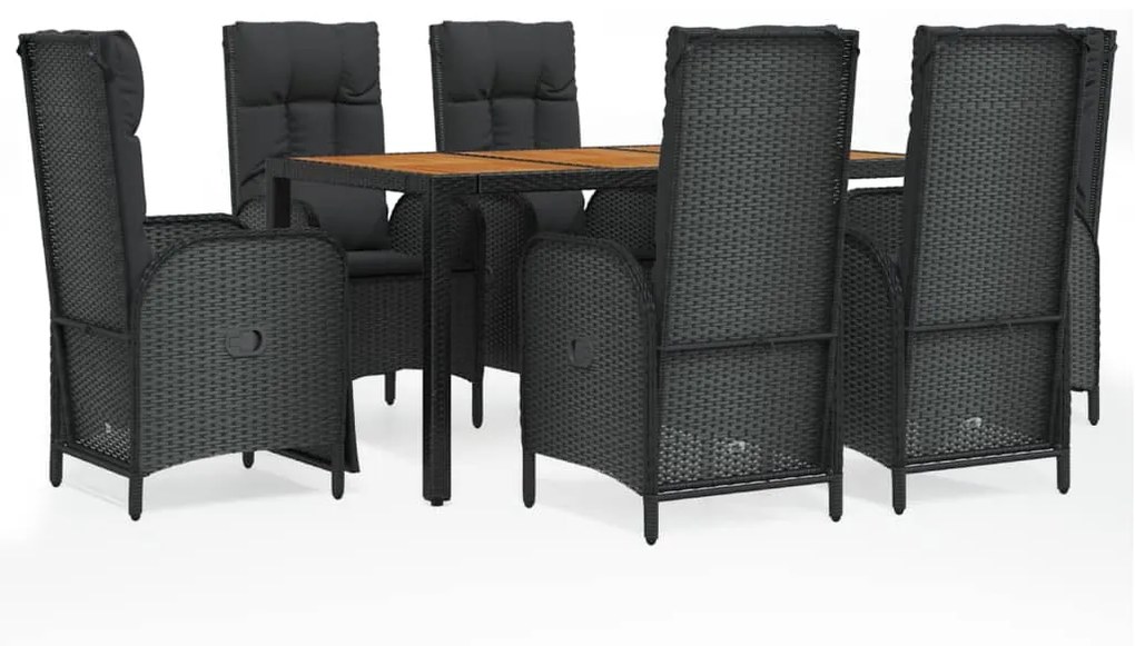 Set da pranzo da giardino 7 pz nero con cuscini in polyrattan