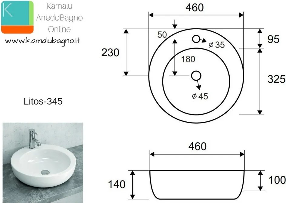 Lavandino da appoggio tondo 46cm modello Litos-345 - KAMALU