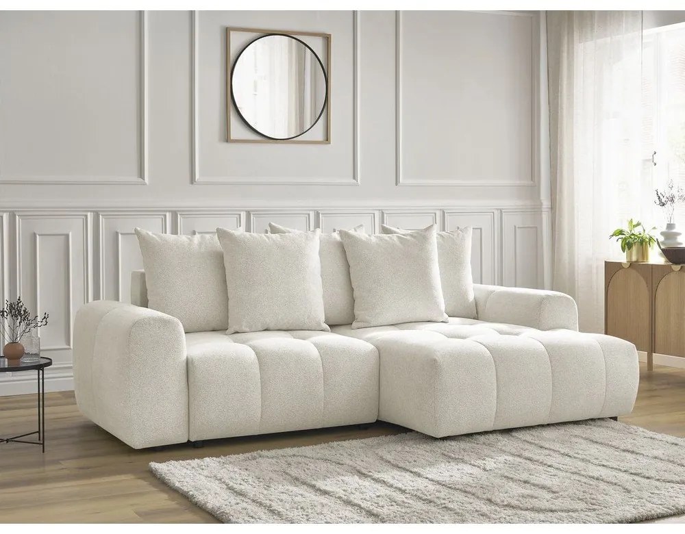 Divano angolare bianco allungabile/con contenitore (con penisola a destra/con chaise lounge) con rivestimento in ciniglia Roxelane – Bobochic Paris