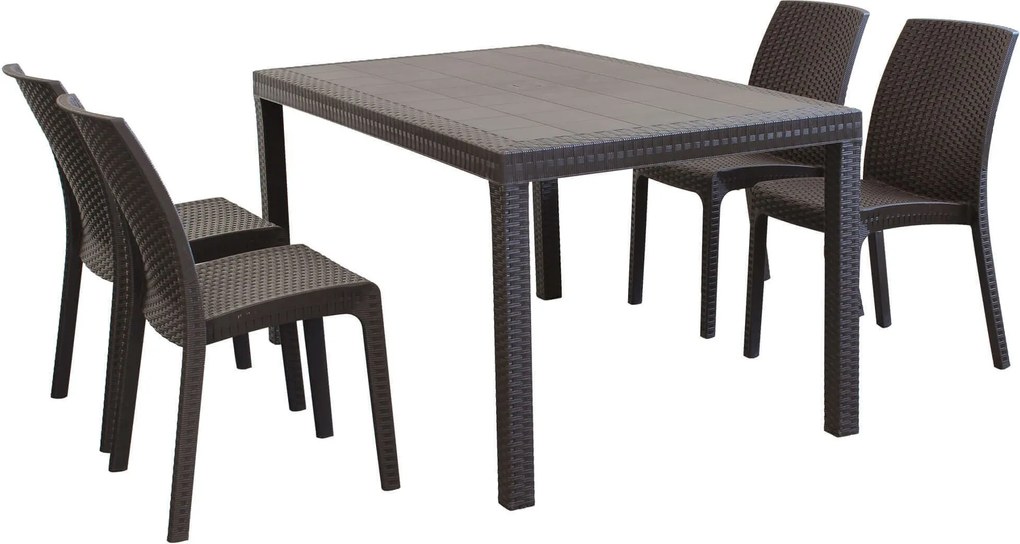CALIGOLA - set tavolo in resina effetto rattan cm 150 x 90 x 74 h con 4 sedie Alma