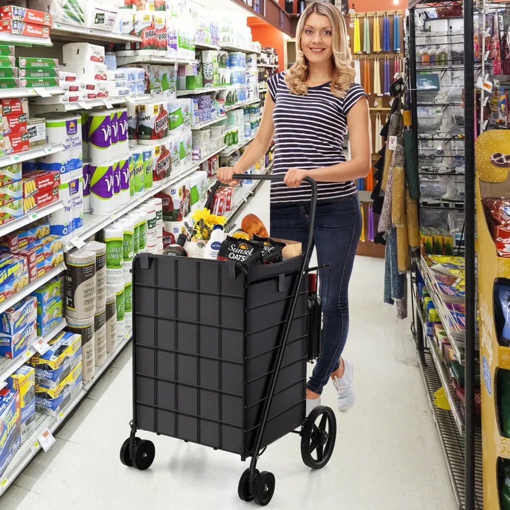 Costway Carrello della spesa 120L con fodera in Oxford ruote anteriori piroettanti, Carrello per la spesa pieghevole Nero