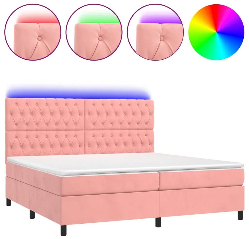 Letto a Molle con Materasso e LED Rosa 200x200 cm in Velluto