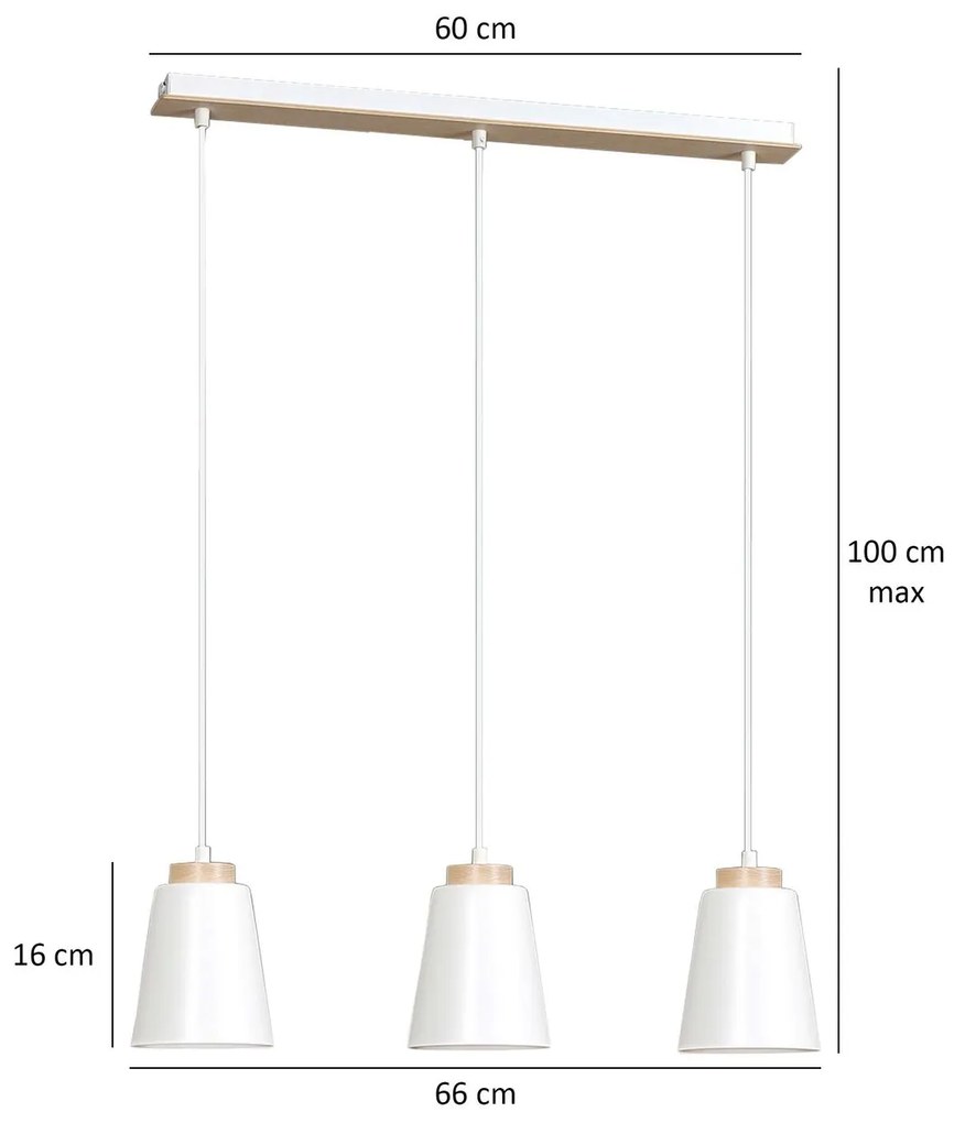 Lampadario 3 Luci Bolero Con Paralumi A Cono In Acciaio Bianco E Legno Naturale