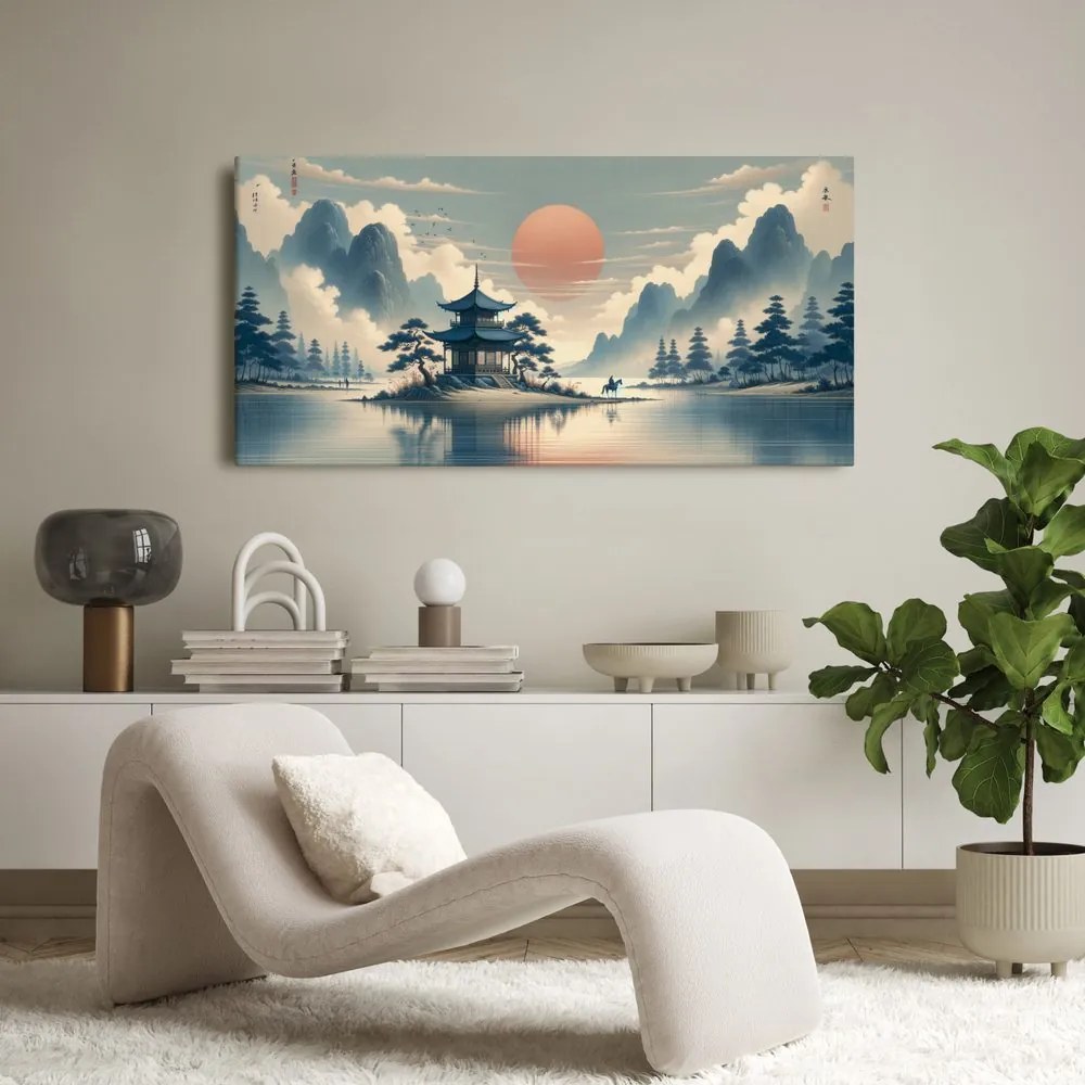 Quadro su tela – Cavaliere vicino a pagoda tra le montagne