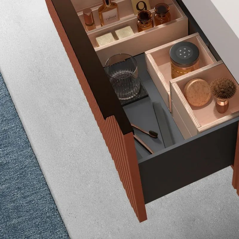 Mobile bagno sospeso 70 cm color terracotta cannettato con cassetto, specchio e lavabo Nara