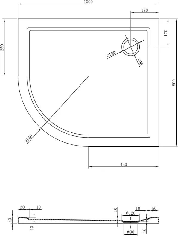 Mexen Flow piatto doccia semicerchio asimmetrico slim destro 100 x 80 cm, bianco lucido - 46Q108010R