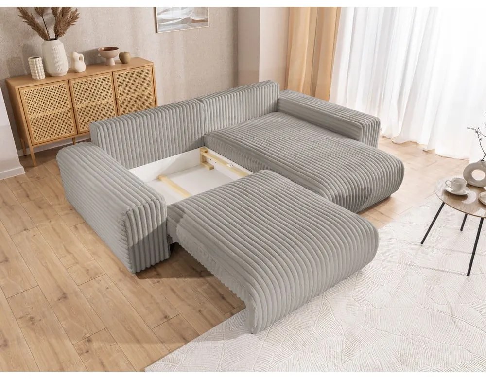 Divano angolare con penisola a destra grigio chiaro e rivestimento in velluto a coste allungabile e con contenitore Sarina – Ropez