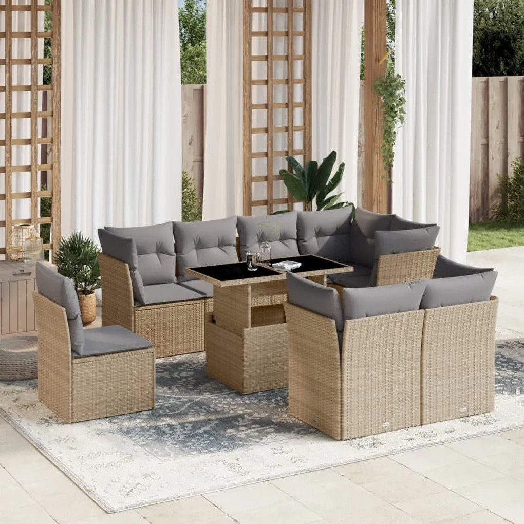 Set divano da giardino 9 pz con cuscini beige in polyrattan