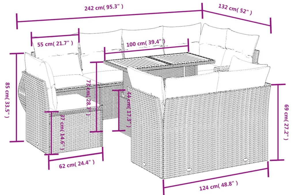 Set divano da giardino 9 pz con cuscini beige in polyrattan