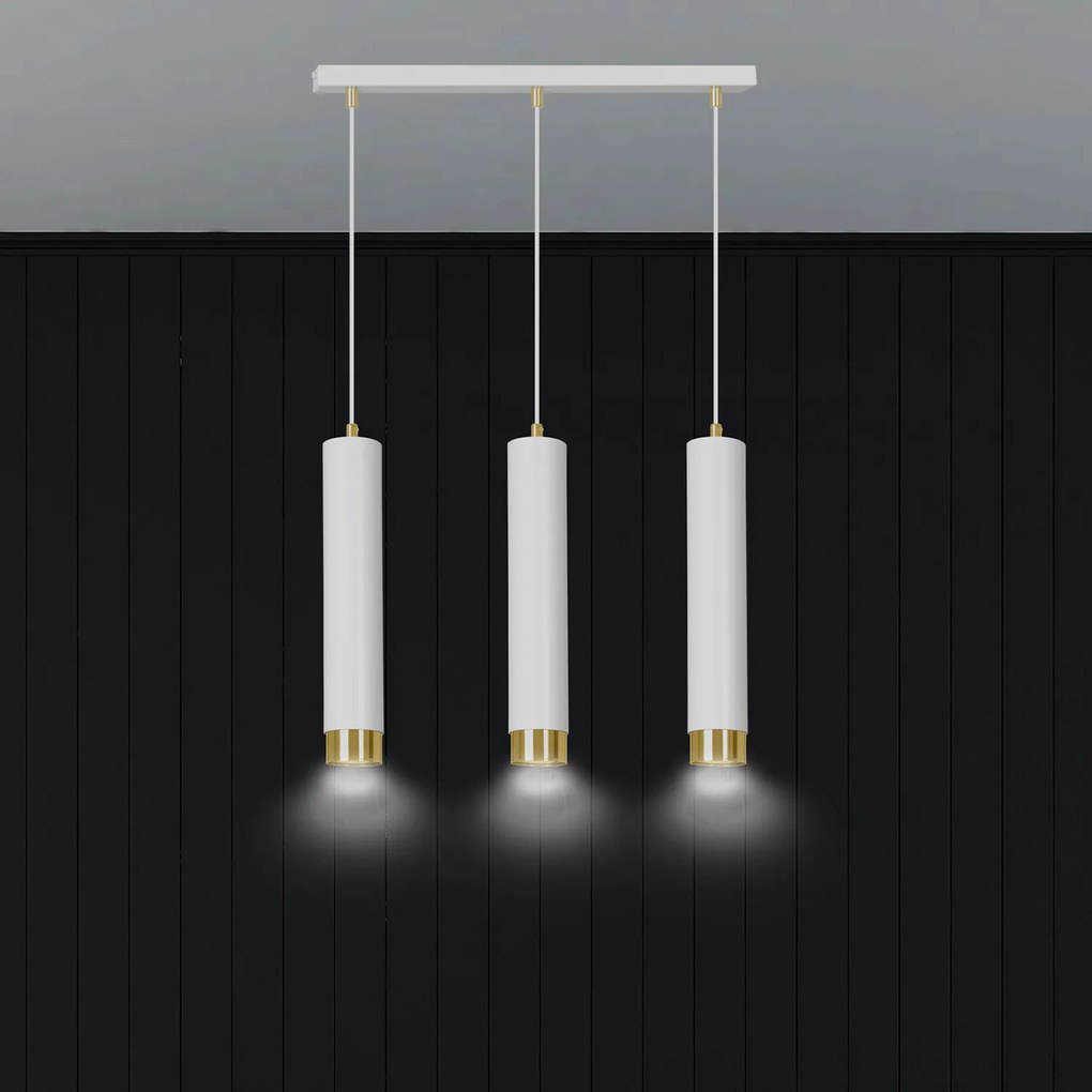 Lampadario 3 Luci Brunilde In Acciaio Bianco E Tubolari In Bianco E Oro