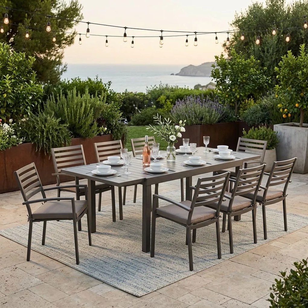 DEXTER - set tavolo in alluminio cm 200/300 x 100 x 74 h con 8 poltrone Dexter