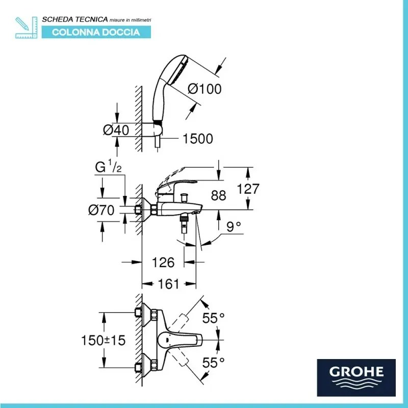 Miscelatore vasca doccia cromo Grohe Eurosmart completo di doccetta