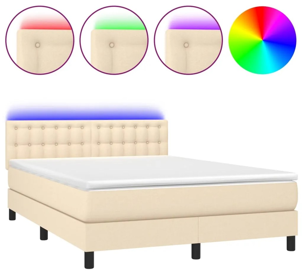 Letto a molle con materasso e led crema 140x190 cm in tessuto