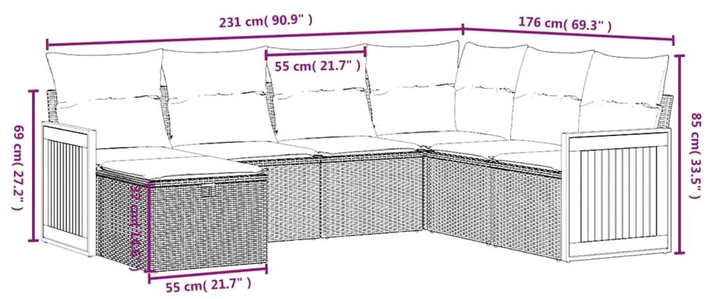 Set divani da giardino 7 pz con cuscini beige in polyrattan