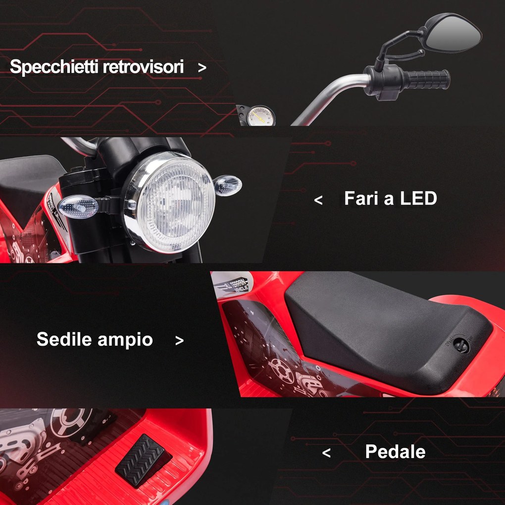 Moto Elettrica per Bambini 6V 3 Ruote Rossa...