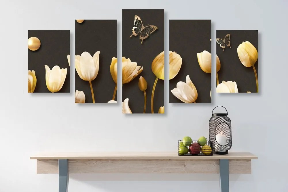 Quadri 5 pezzi – Tulipani con motivo dorato