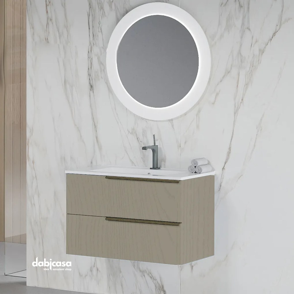 Mobile Bagno Sospeso "Oikos" Da 80 Cm Composto Da Due Cassetti Lavabo E Specchio Finitura Pietra