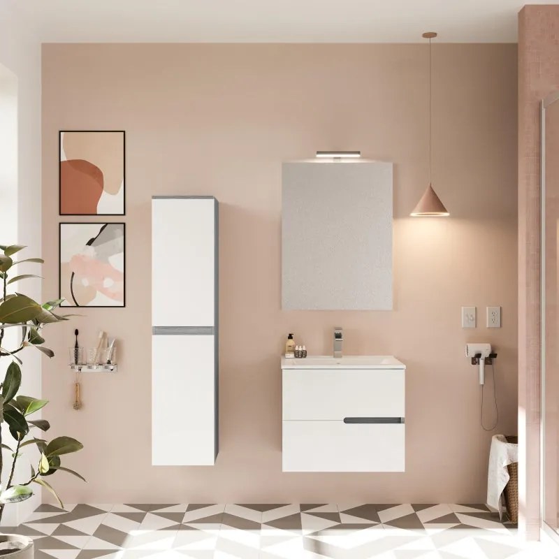 Mobile bagno sospeso con lavabo e illuminazione Eva L 60 x H 51 x P 46 cm rovere grigio/frontale bianco in mdf 2 cassetti per vasca centrale