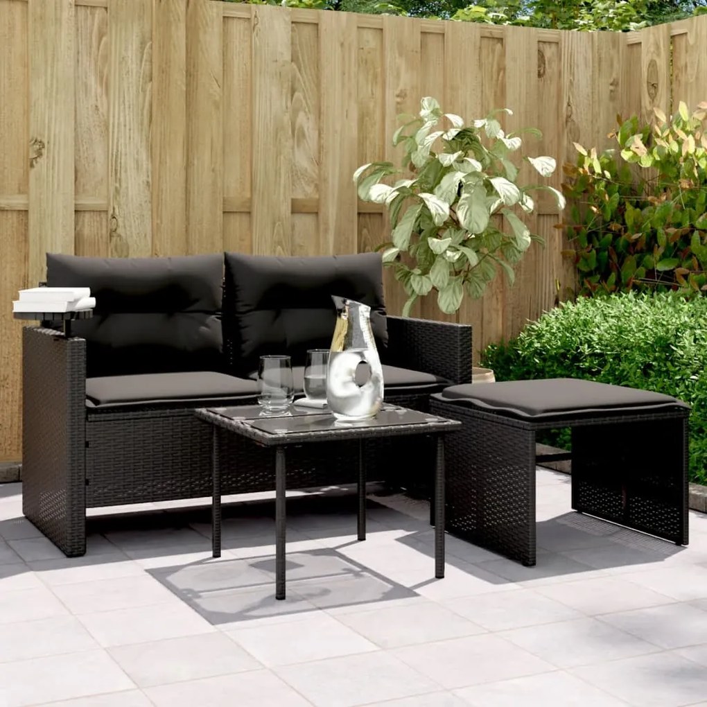 Set divani da giardino 3 pz con cuscini in polyrattan nero