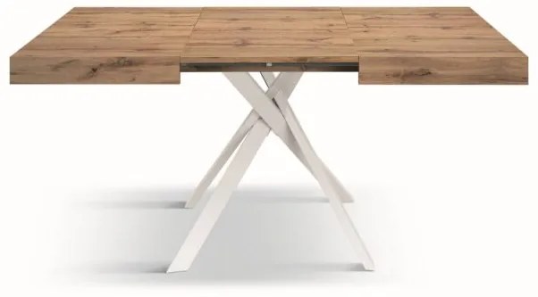 Tavolo FORTE DEI MARMI in legno, finitura rovere rustico e gambe incrociate in metallo bianco, allungabile 95&#215;90 cm &#8211; 145 x 90 cm