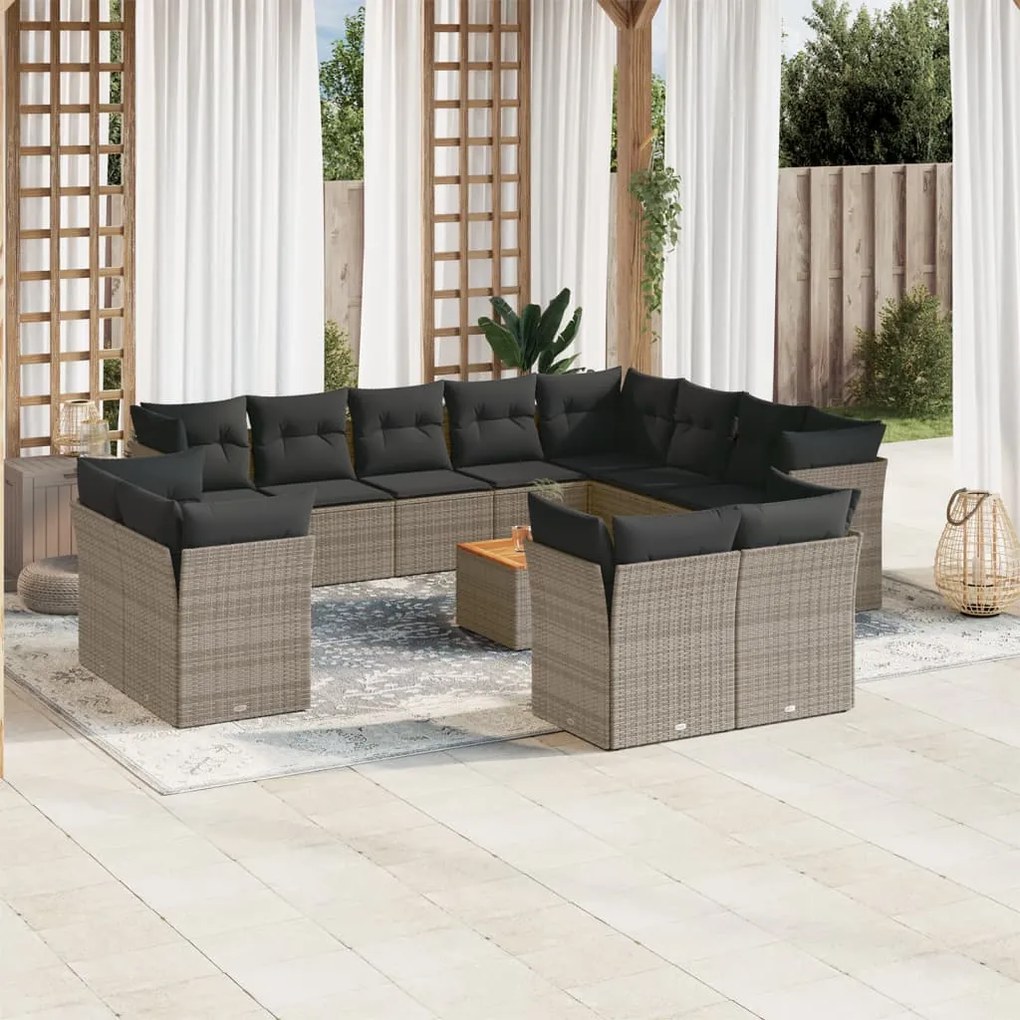 Set divani da giardino 13 pz con cuscini grigio in polyrattan