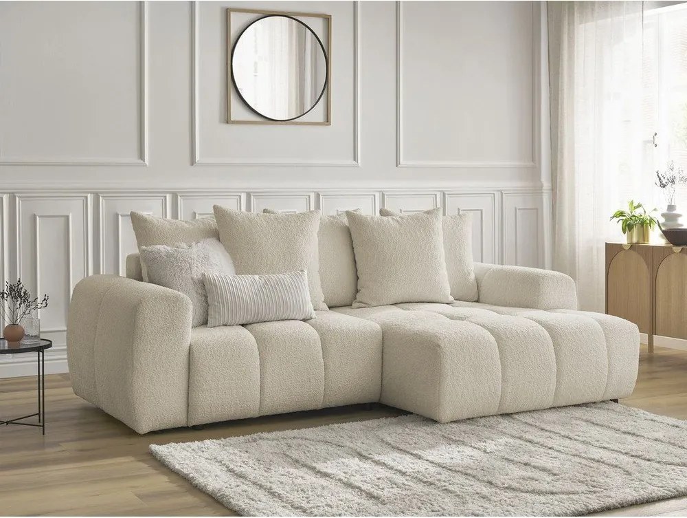 Divano angolare beige allungabile/con contenitore (con penisola a destra/con chaise lounge) con rivestimento in bouclé Roxelane – Bobochic Paris