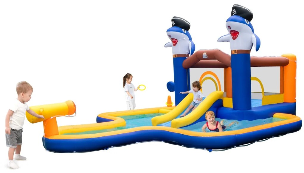 Costway Parco acquatico gonfiabile 7-in-1 con piscina spruzzo cannone d'acqua, Scivolo d'acqua per bambini 3-10 anni