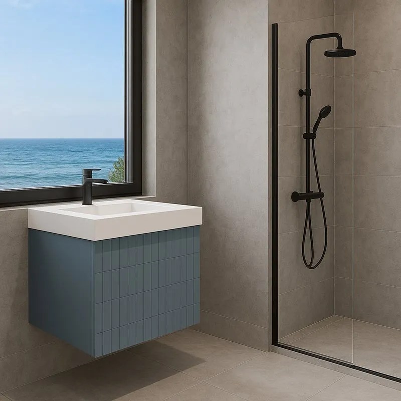 Mobile bagno sospeso con lavabo L 100.5 cm laccato indaco e grigio carbone 2 cassetti per vasca a sinistra Pixel
