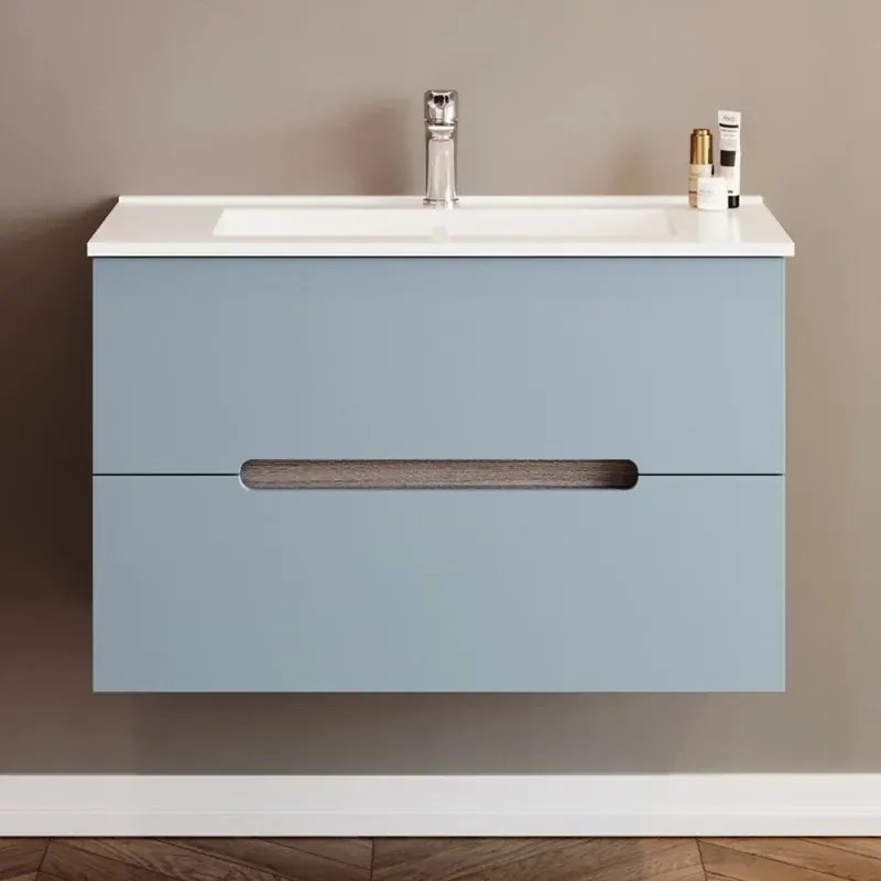 Mobile bagno sospeso 80 rovere fumo e blu pastello con lavabo e specchio Iris