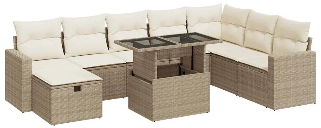 Set divano da giardino 9 pz con cuscini beige in polyrattan