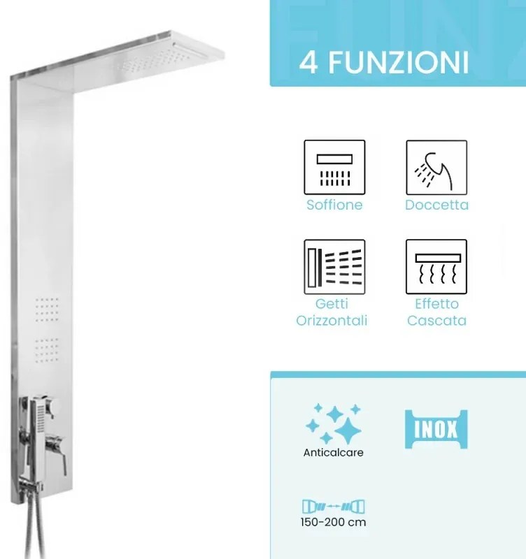 Colonna doccia multifunzione cromo lucido con 4 getti in acciaio inox