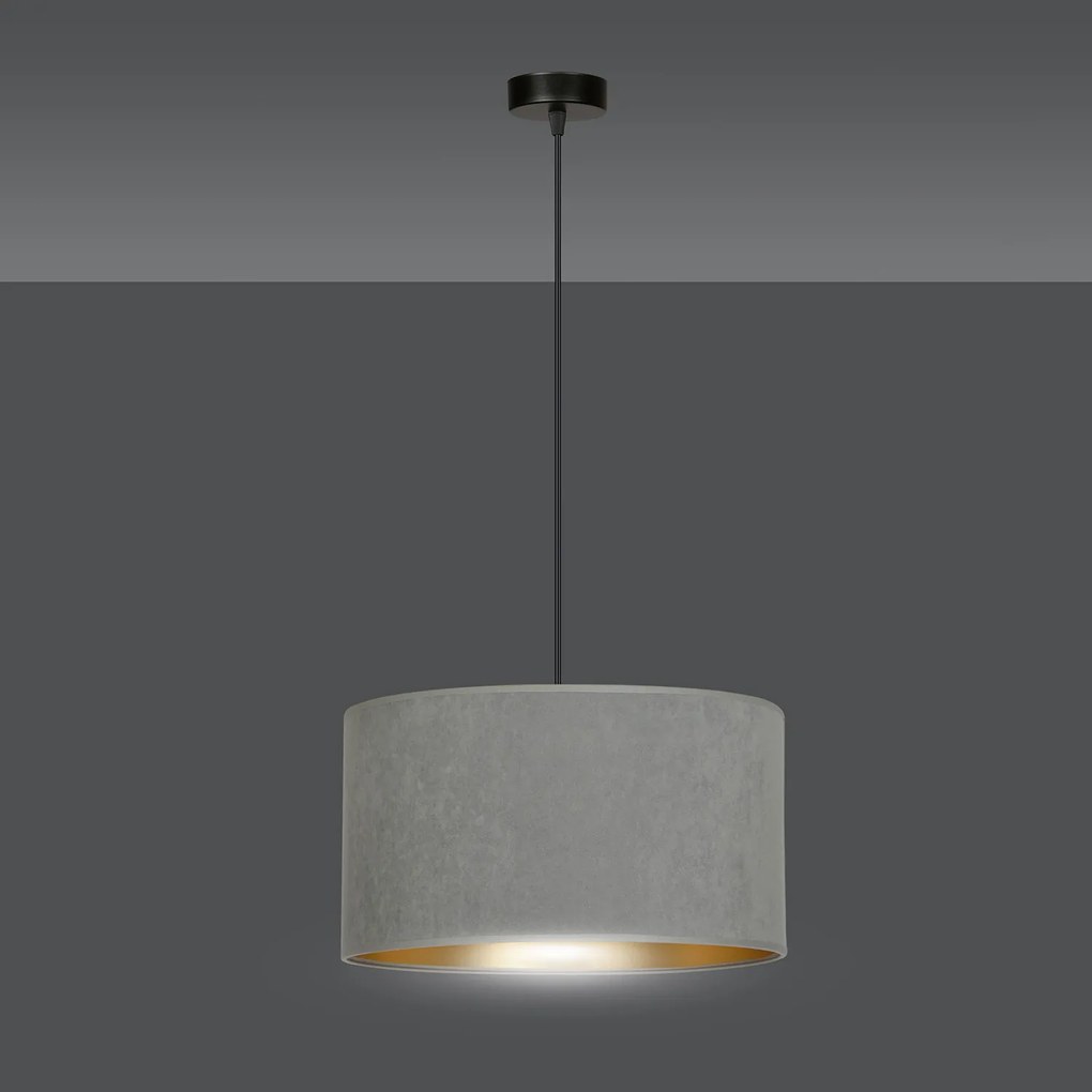 Sospensione 1 Luce Ganesha In Acciaio Nero E Paralume In Tessuto Grigio