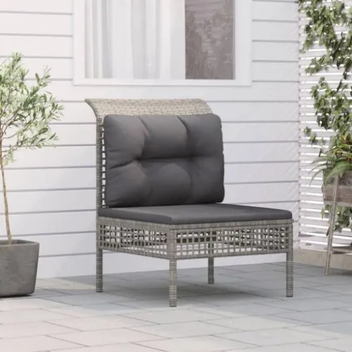 Divano Centrale da Giardino con Cuscino in Polyrattan Grigio