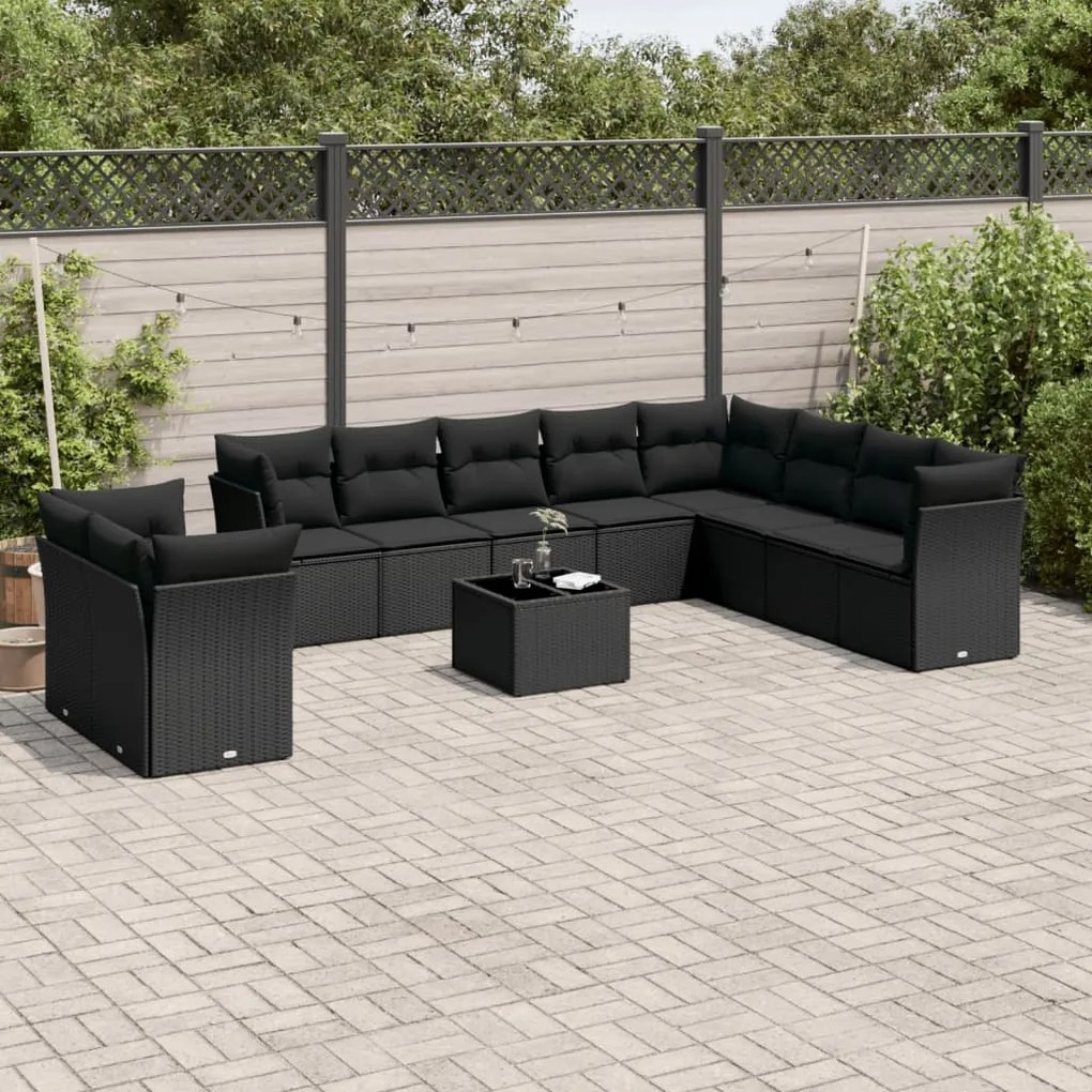 Set divani da giardino 11 pz con cuscini in polyrattan nero