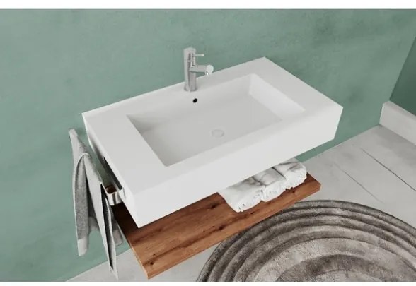 Lavabo Sospeso Bianco Opaco 100 Cm Con Mensola Effetto Legno E Specchio - Roma